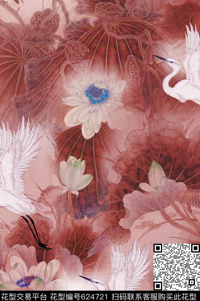 荷花手绘中国风数码印花华亿平台下载（图片编号: 624721） - 瓦栏（Walan）