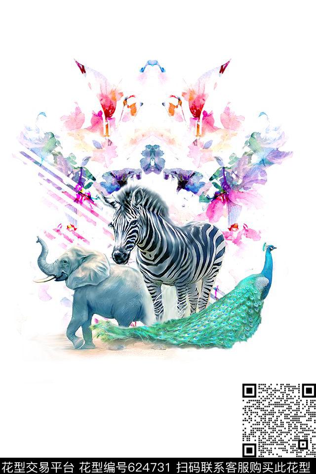 动物大象孔雀数码印花华亿平台下载（图片编号: 624731） - 瓦栏（Walan）