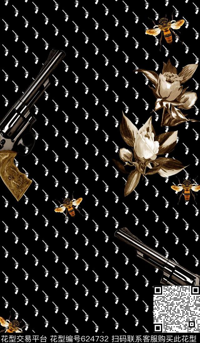 杜嘉班纳D&G左轮枪蜜蜂手绘玫瑰高端男士花数码印花华亿平台下载（图片编号: 624732） - 瓦栏（Walan）