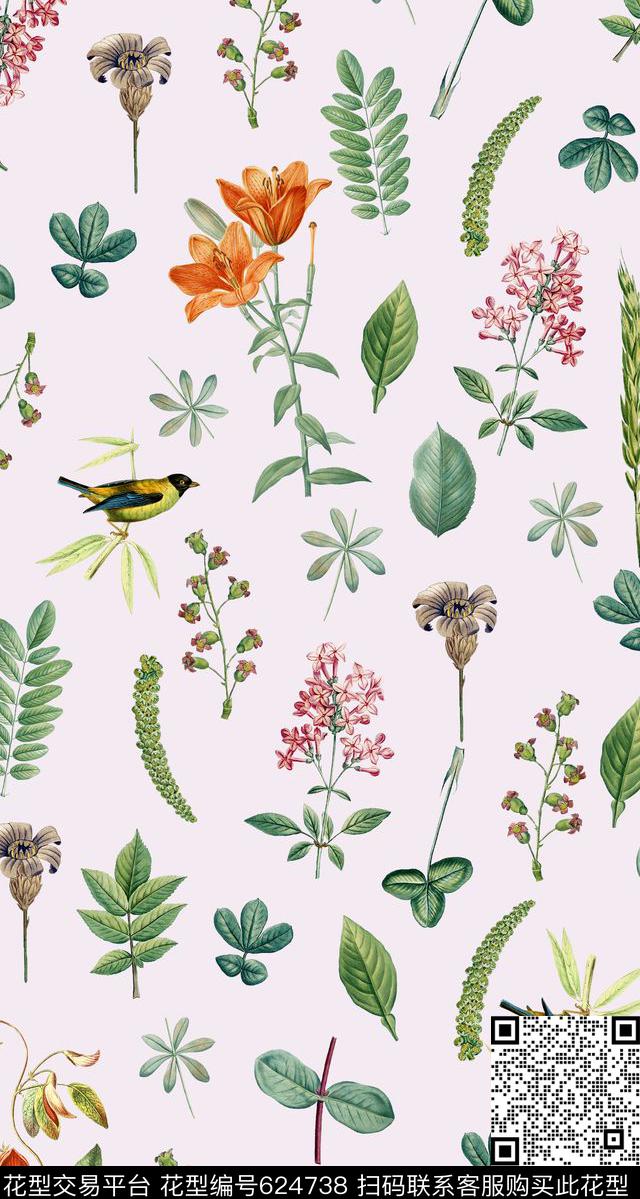 植物清爽底花卉花卉数码印花华亿平台下载（图片编号: 624738） - 瓦栏（Walan）