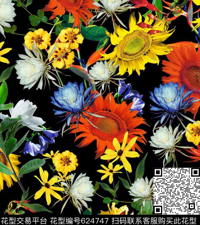 雏菊向日葵大花数码印花华亿平台下载（图片编号: 624747） - 瓦栏（Walan）