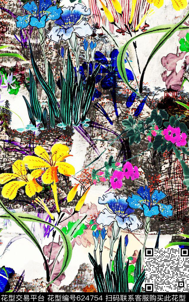 中国风兰花山水数码印花华亿平台下载（图片编号: 624754） - 瓦栏（Walan）