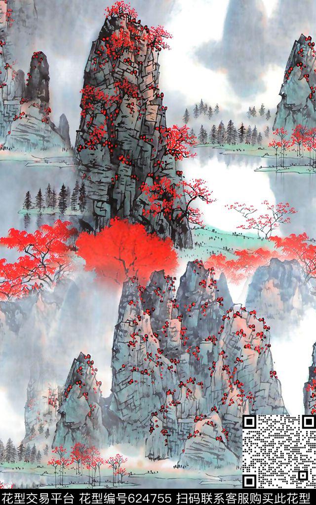 中国风山水红叶数码印花华亿平台下载（图片编号: 624755） - 瓦栏（Walan）