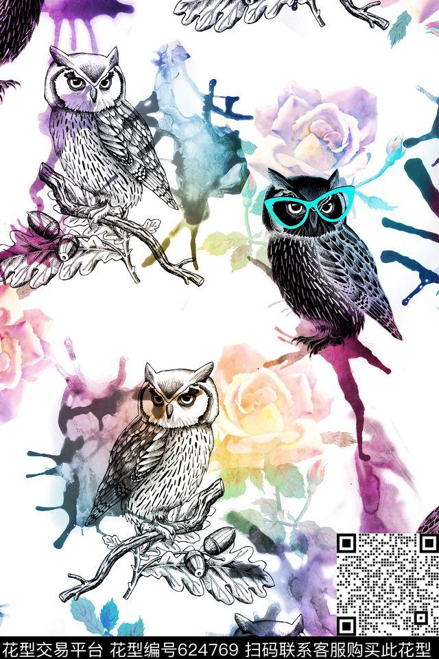 花鸟水彩喷溅猫头鹰数码印花华亿平台下载（图片编号: 624769） - 瓦栏（Walan）