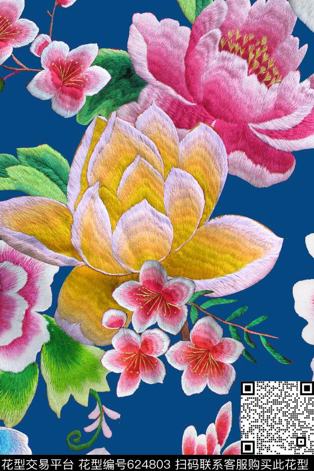 绣花花卉荷花数码印花华亿平台下载（图片编号: 624803） - 瓦栏（Walan）