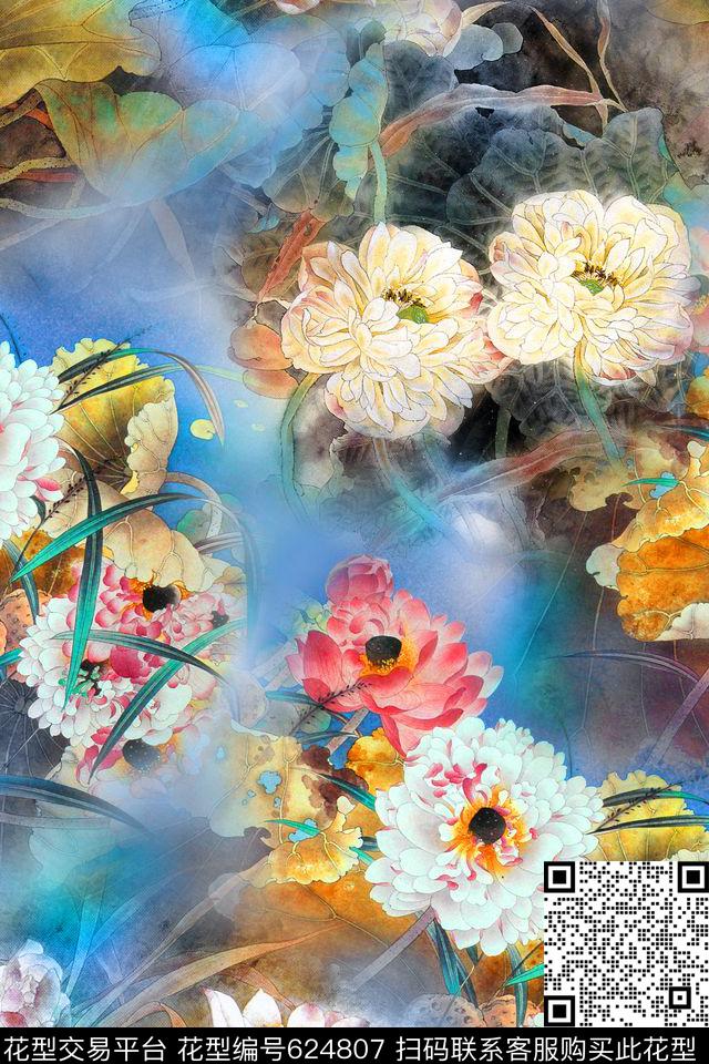 中国风国画荷花数码印花华亿平台下载（图片编号: 624807） - 瓦栏（Walan）