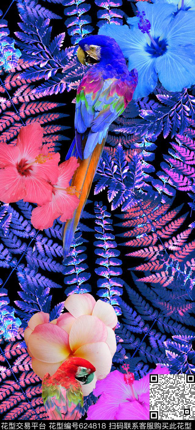 鹦鹉手绘热带树叶花卉夏威夷风情数码印花华亿平台下载（图片编号: 624818） - 瓦栏（Walan）