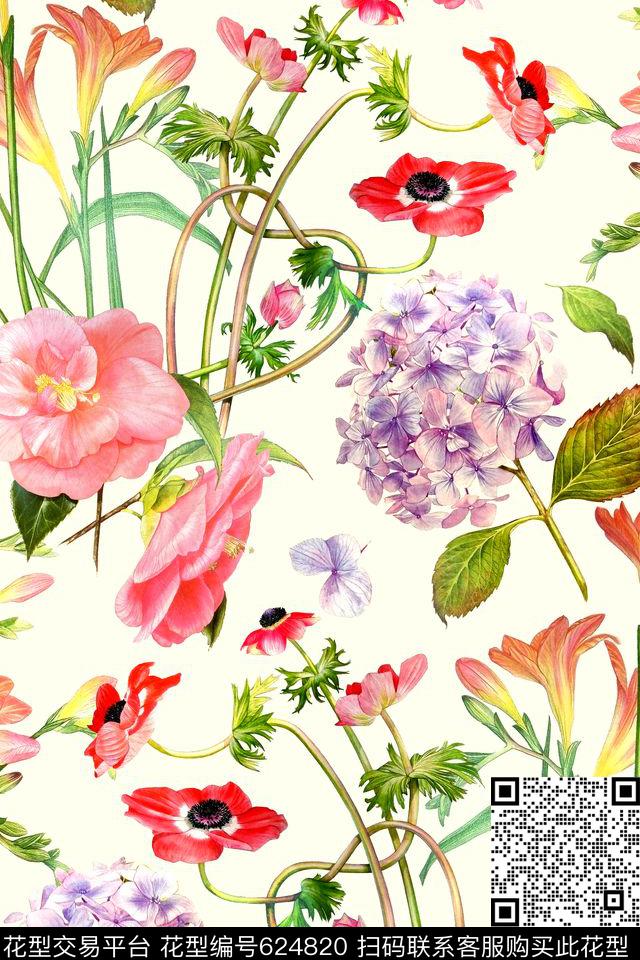 时尚手绘花卉数码印花华亿平台下载（图片编号: 624820） - 瓦栏（Walan）