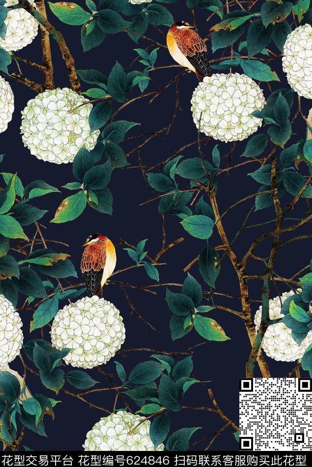 鸟绣球花花卉数码印花华亿平台下载（图片编号: 624846） - 瓦栏（Walan）