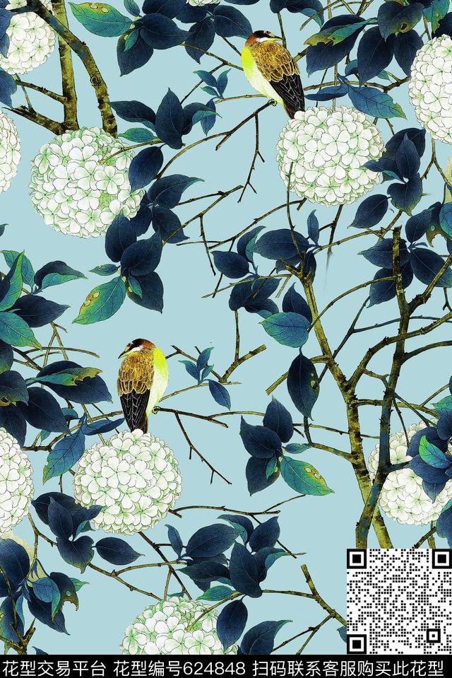 鸟绣球花花卉数码印花华亿平台下载（图片编号: 624848） - 瓦栏（Walan）