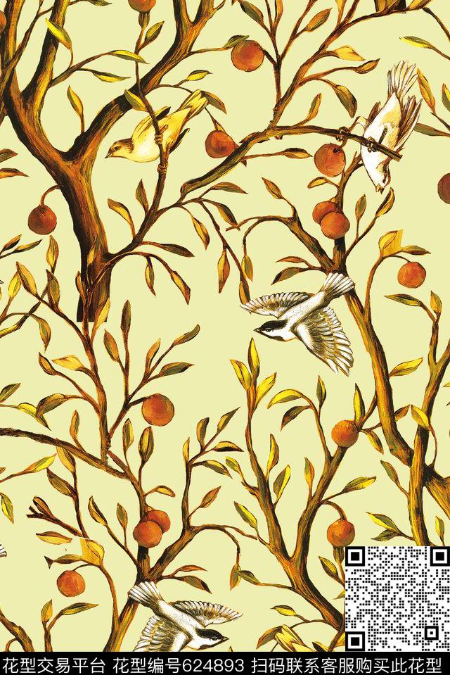 油画植物鸟数码印花华亿平台下载（图片编号: 624893） - 瓦栏（Walan）
