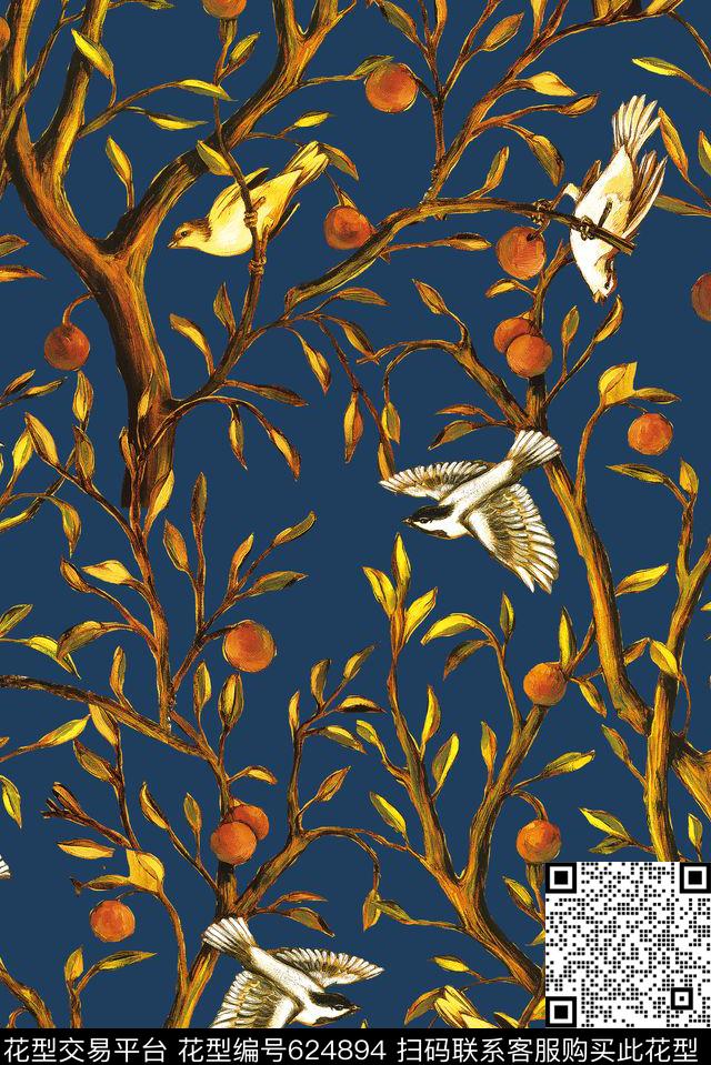 油画植物鸟数码印花华亿平台下载（图片编号: 624894） - 瓦栏（Walan）