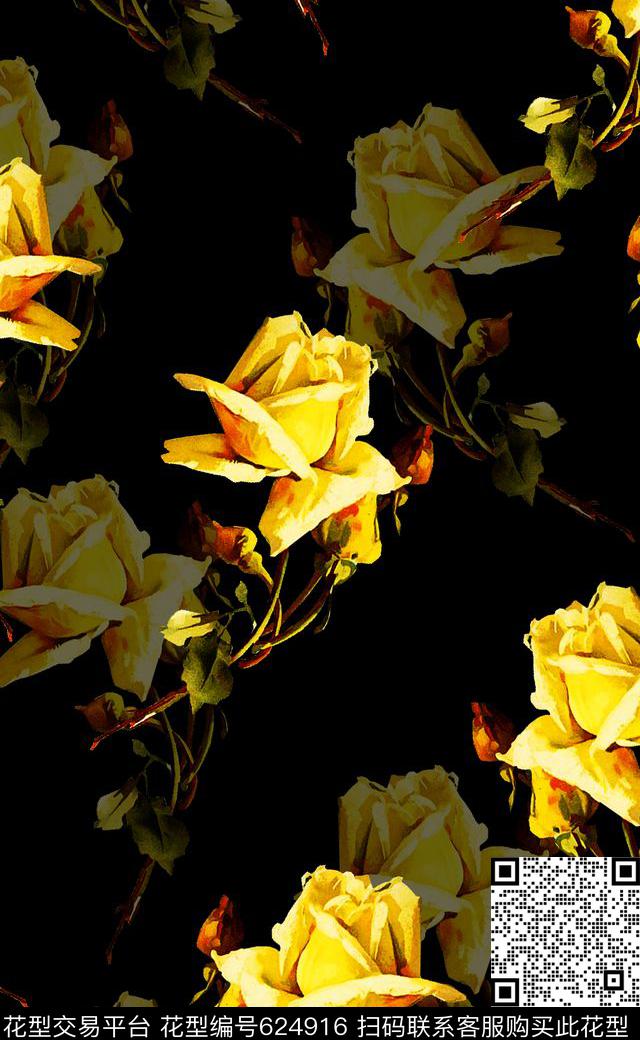 复古欧式大花玫瑰花卉女装连衣裙数码印花华亿平台下载（图片编号: 624916） - 瓦栏（Walan）