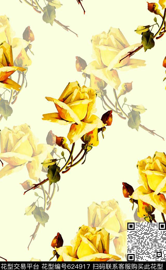 复古欧式大花玫瑰花卉女装连衣裙数码印花华亿平台下载（图片编号: 624917） - 瓦栏（Walan）