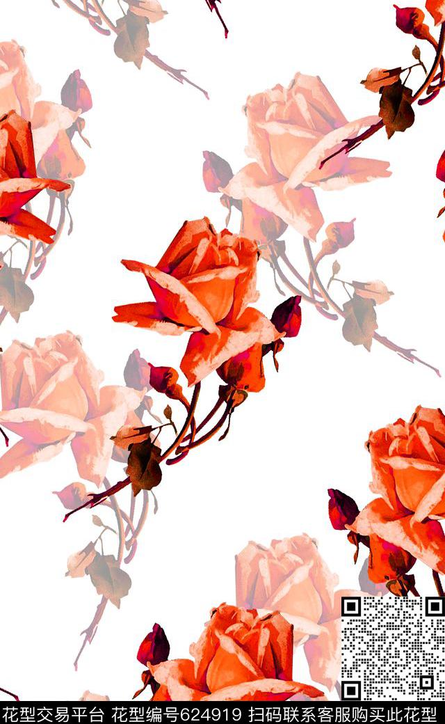 复古欧式大花玫瑰花卉女装连衣裙数码印花华亿平台下载（图片编号: 624919） - 瓦栏（Walan）