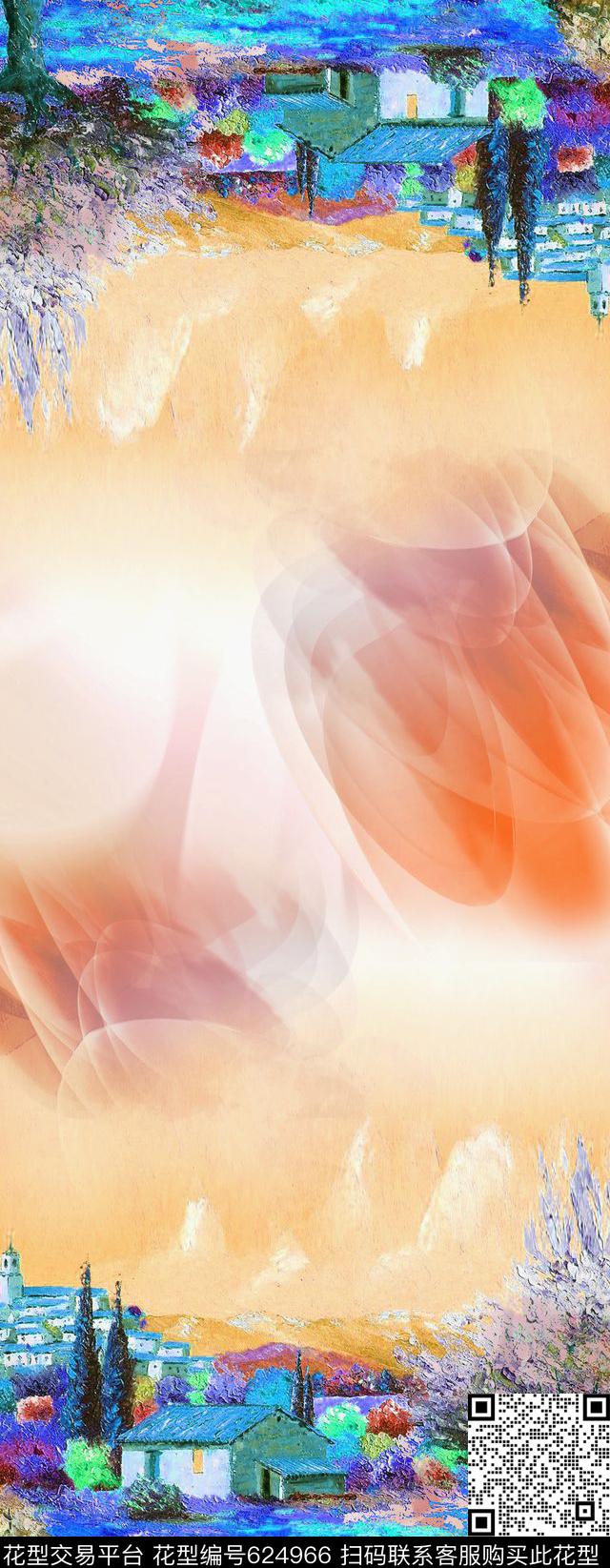 建筑油画花卉围巾数码印花华亿平台下载（图片编号: 624966） - 瓦栏（Walan）
