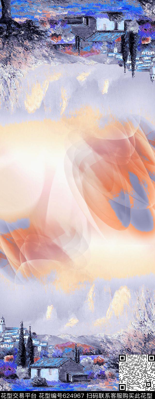 建筑油画花卉围巾数码印花华亿平台下载（图片编号: 624967） - 瓦栏（Walan）