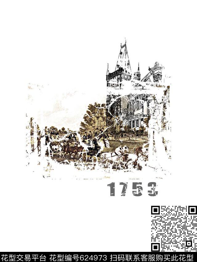 时尚潮牌复古城堡纹理数码印花华亿平台下载（图片编号: 624973） - 瓦栏（Walan）