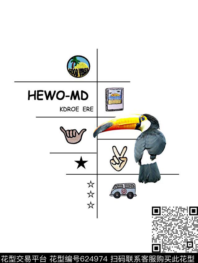 热带风情鸟男装T恤数码印花华亿平台下载（图片编号: 624974） - 瓦栏（Walan）