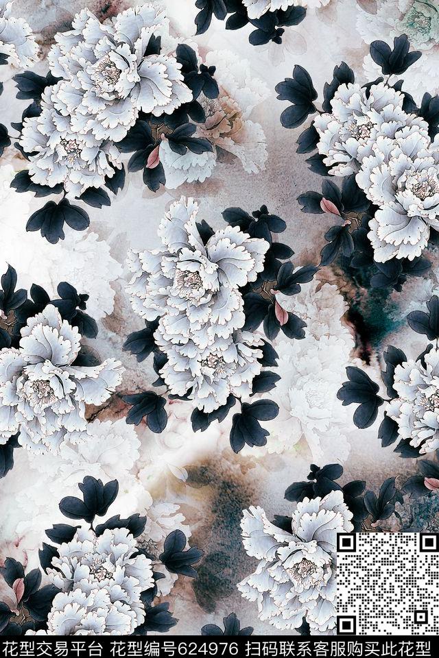 工笔牡丹云雾花卉数码印花华亿平台下载（图片编号: 624976） - 瓦栏（Walan）