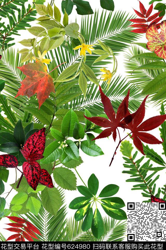 树叶夏天绿色数码印花华亿平台下载（图片编号: 624980） - 瓦栏（Walan）
