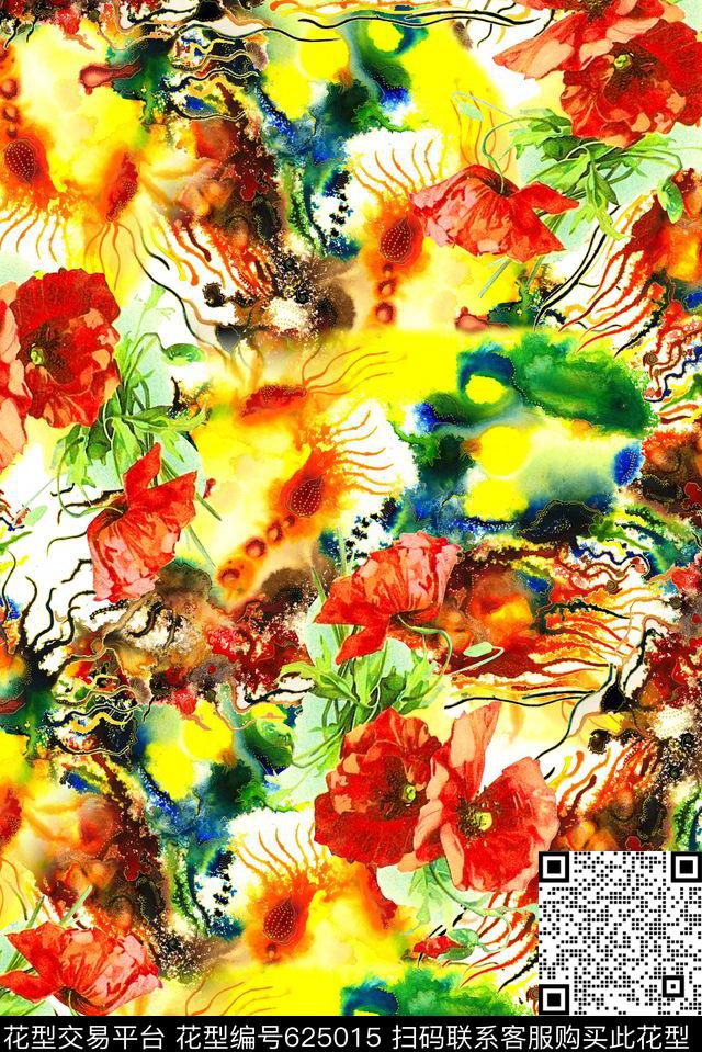 时尚抽象手绘水彩画玫瑰花花卉数码印花时尚大牌潮流设计女装裙子丝巾印花时尚抽象欧美大牌女装印花数码印花华亿平台下载（图片编号: 625015） - 瓦栏（Walan）