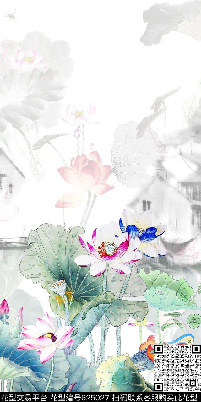 花卉山水画水墨数码印花华亿平台下载（图片编号: 625027） - 瓦栏（Walan）