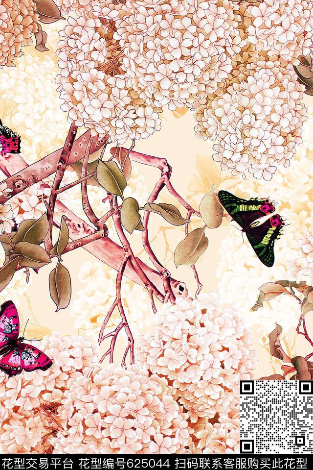花卉绣球花中国风数码印花华亿平台下载（图片编号: 625044） - 瓦栏（Walan）