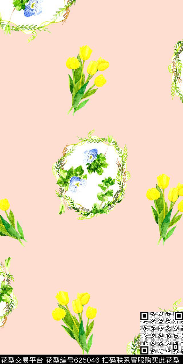 花环郁金香水彩数码印花华亿平台下载（图片编号: 625046） - 瓦栏（Walan）
