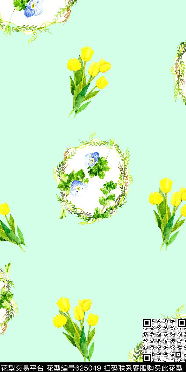 花环郁金香水彩数码印花华亿平台下载（图片编号: 625049） - 瓦栏（Walan）