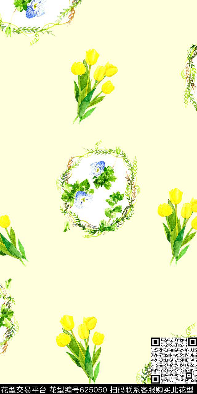 花环郁金香水彩数码印花华亿平台下载（图片编号: 625050） - 瓦栏（Walan）