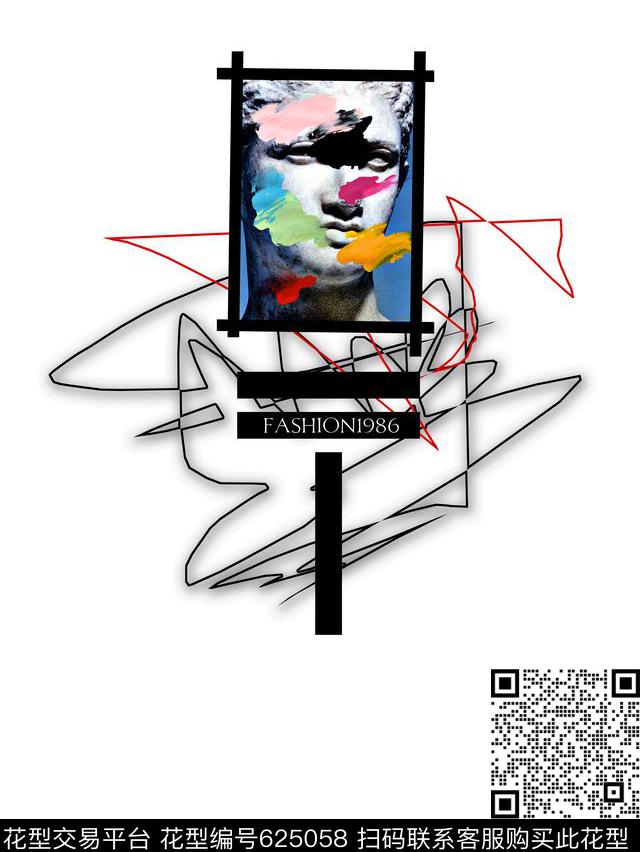 石膏像几何线条涂鸦数码印花华亿平台下载（图片编号: 625058） - 瓦栏（Walan）