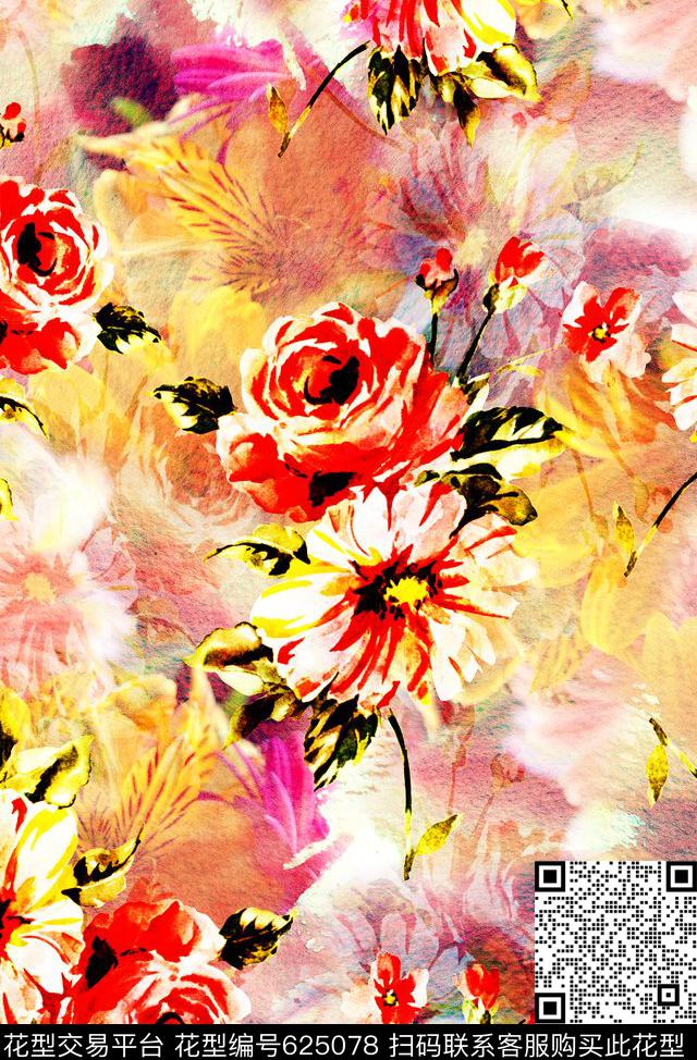 时尚抽象手绘水彩画时尚花卉时尚大牌艳丽彩色抽象花卉女装裙子丝巾数码印花时尚潮流创意设计中国风印花数码印花华亿平台下载（图片编号: 625078） - 瓦栏（Walan）