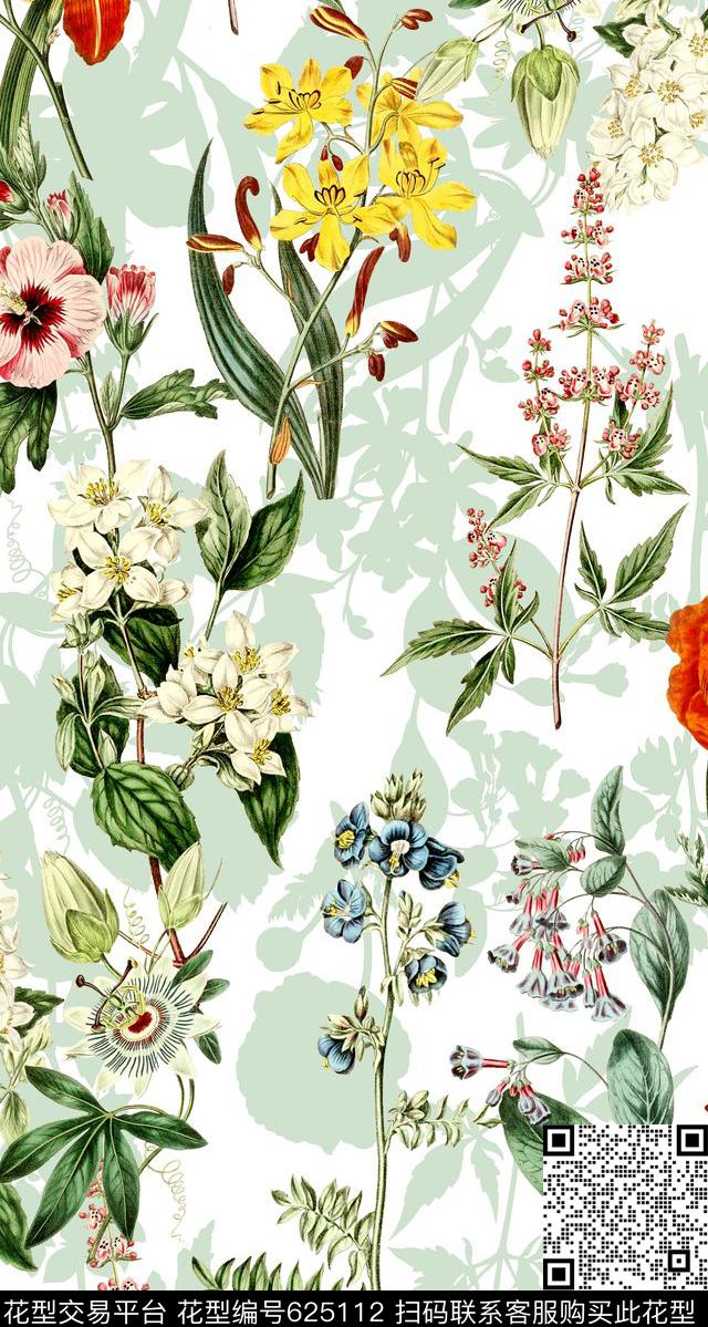 植物清爽底花卉花卉数码印花华亿平台下载（图片编号: 625112） - 瓦栏（Walan）