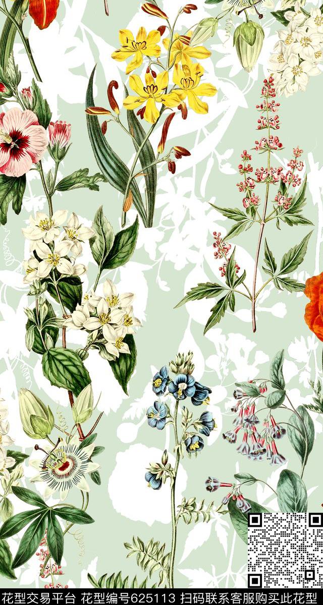 植物清爽底花卉花卉数码印花华亿平台下载（图片编号: 625113） - 瓦栏（Walan）