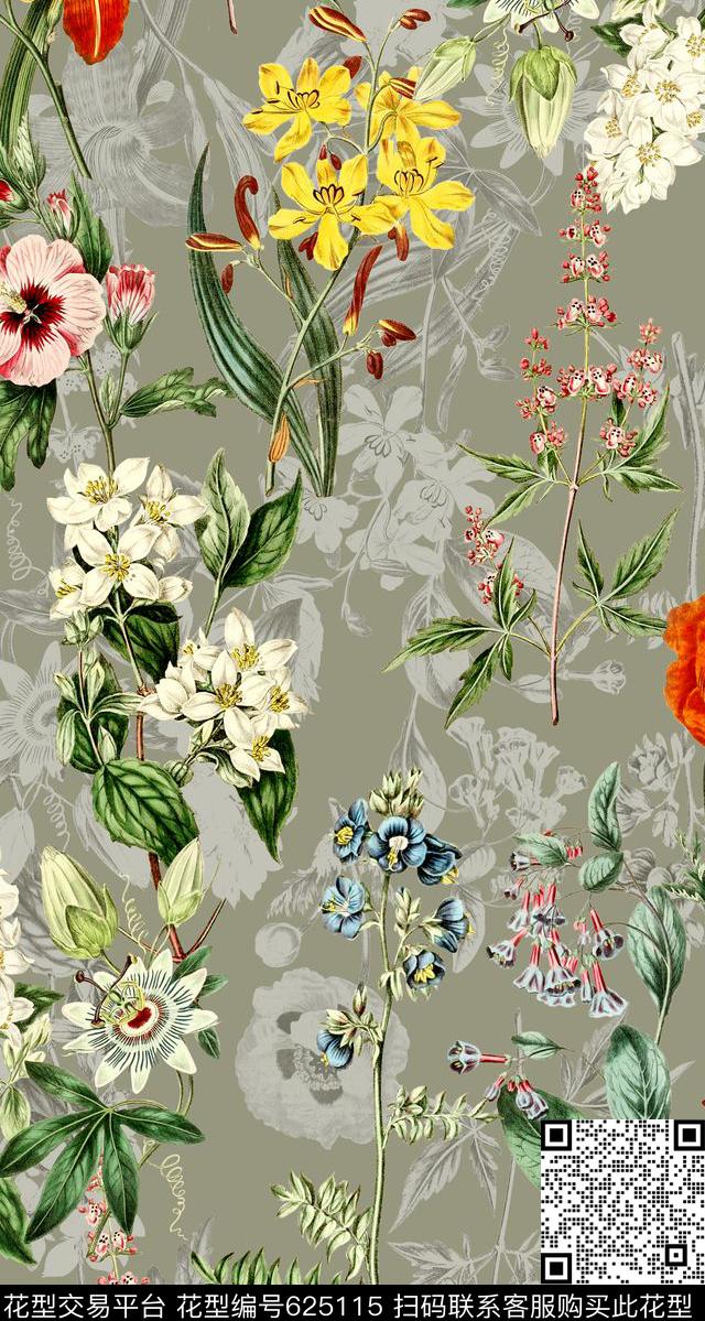 植物清爽底花卉花卉数码印花华亿平台下载（图片编号: 625115） - 瓦栏（Walan）