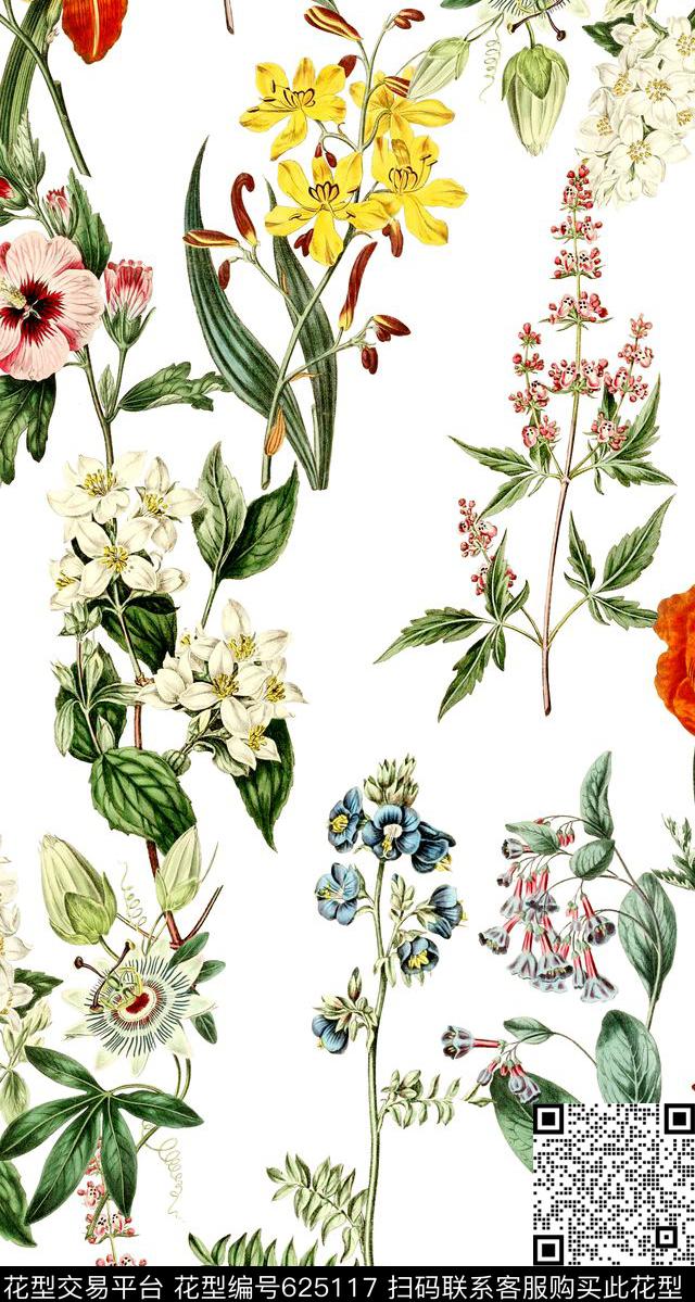 植物清爽底花卉花卉数码印花华亿平台下载（图片编号: 625117） - 瓦栏（Walan）