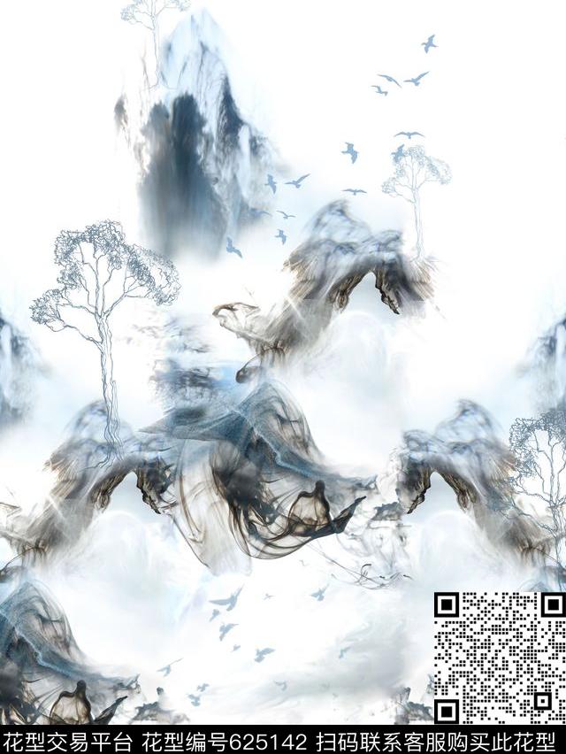 抽象水墨纹理山水画男装T恤数码印花华亿平台下载（图片编号: 625142） - 瓦栏（Walan）