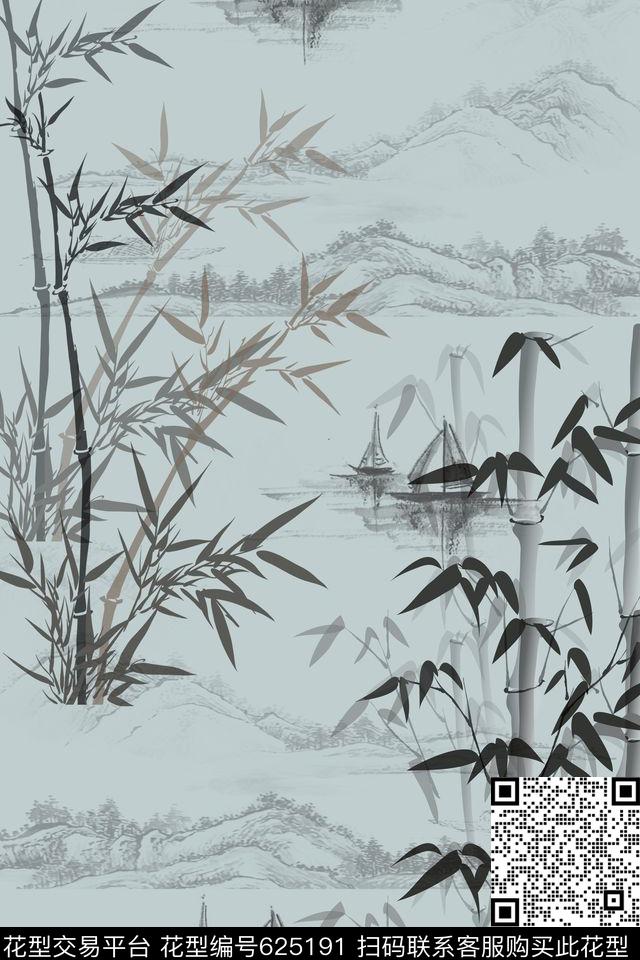 竹中国风植物数码印花华亿平台下载（图片编号: 625191） - 瓦栏（Walan）