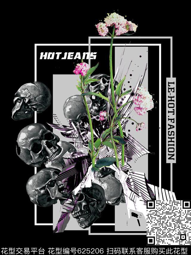 花卉骷髅头几何拼接数码印花华亿平台下载（图片编号: 625206） - 瓦栏（Walan）