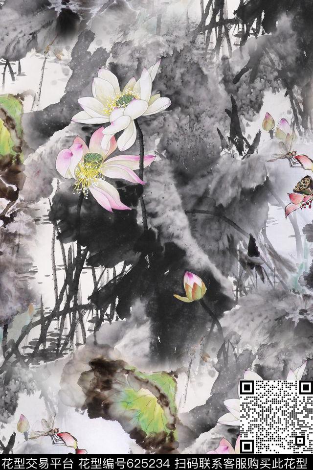 国画水墨荷花数码印花华亿平台下载（图片编号: 625234） - 瓦栏（Walan）