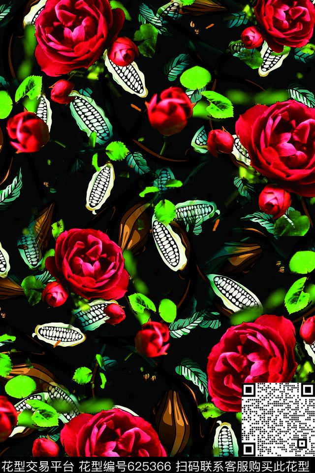 花卉玫瑰复古数码印花华亿平台下载（图片编号: 625366） - 瓦栏（Walan）
