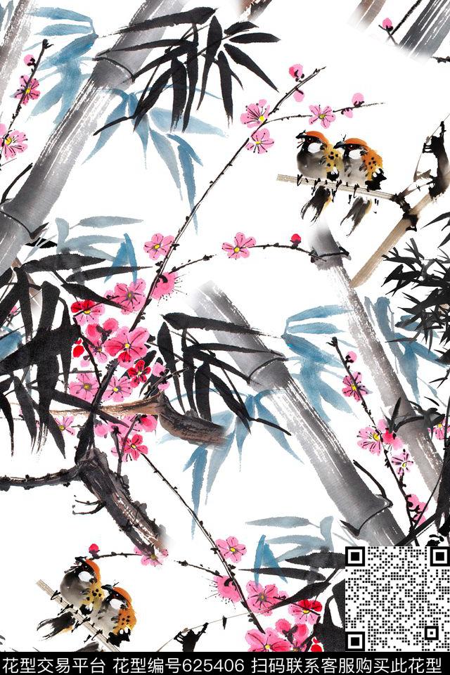 国画竹叶梅花数码印花华亿平台下载（图片编号: 625406） - 瓦栏（Walan）
