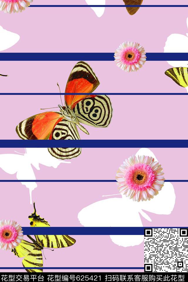 抽象手绘满版蝴蝶条纹最新高清数码小花数码印花华亿平台下载（图片编号: 625421） - 瓦栏（Walan）