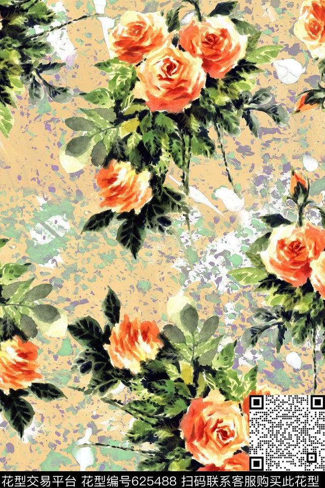 水彩花卉泼墨数码印花华亿平台下载（图片编号: 625488） - 瓦栏（Walan）