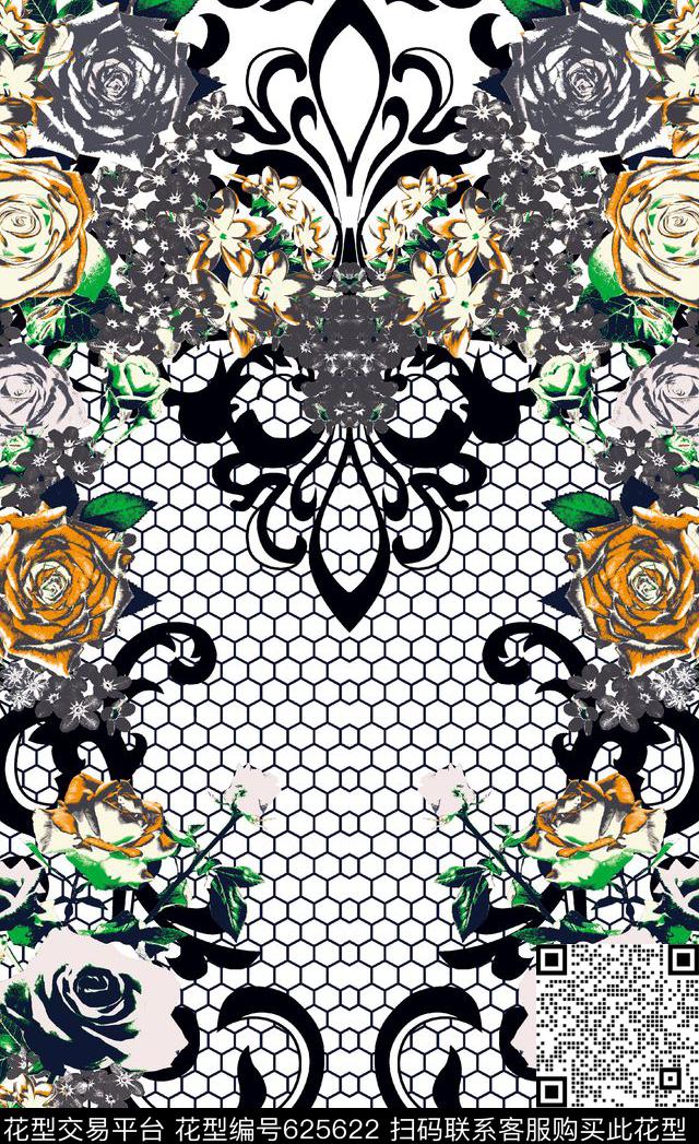 复古对称花卉数码印花华亿平台下载（图片编号: 625622） - 瓦栏（Walan）
