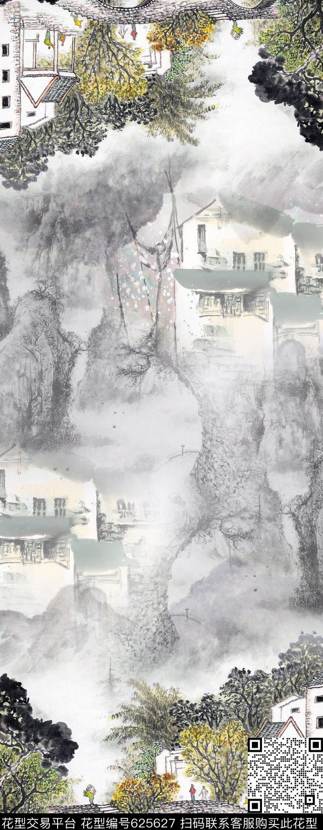 山川水墨风景数码印花华亿平台下载（图片编号: 625627） - 瓦栏（Walan）