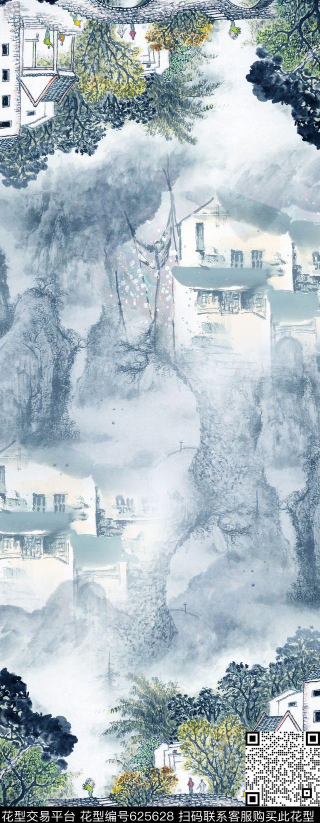 山川水墨风景数码印花华亿平台下载（图片编号: 625628） - 瓦栏（Walan）