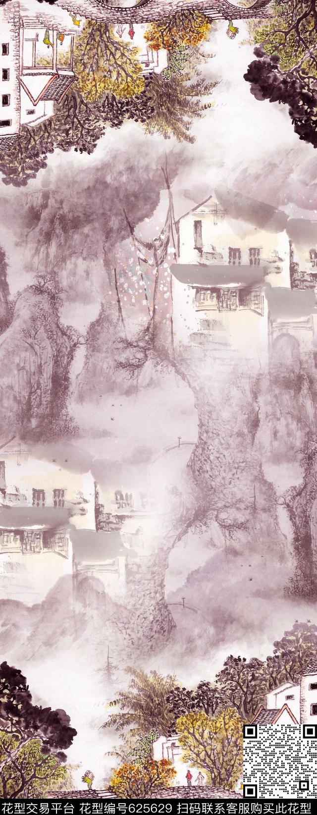 山川水墨风景数码印花华亿平台下载（图片编号: 625629） - 瓦栏（Walan）