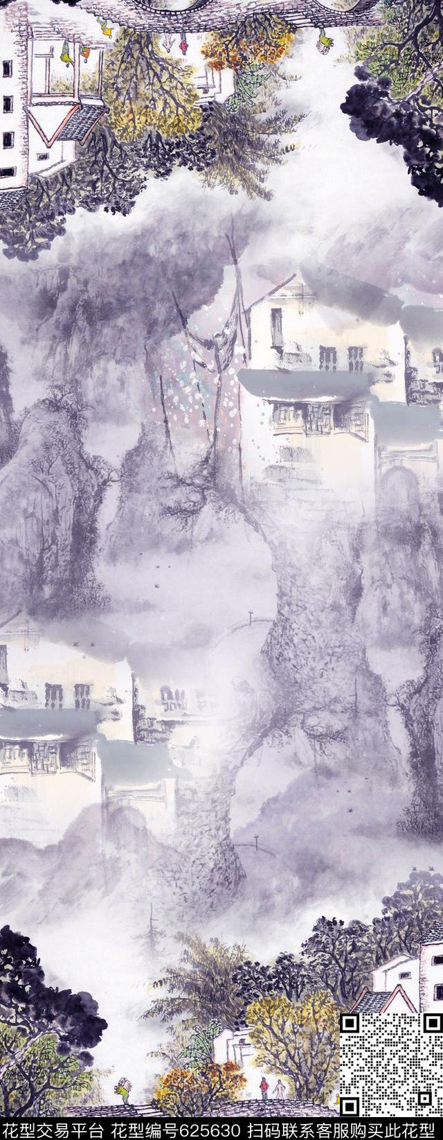 山川水墨风景数码印花华亿平台下载（图片编号: 625630） - 瓦栏（Walan）